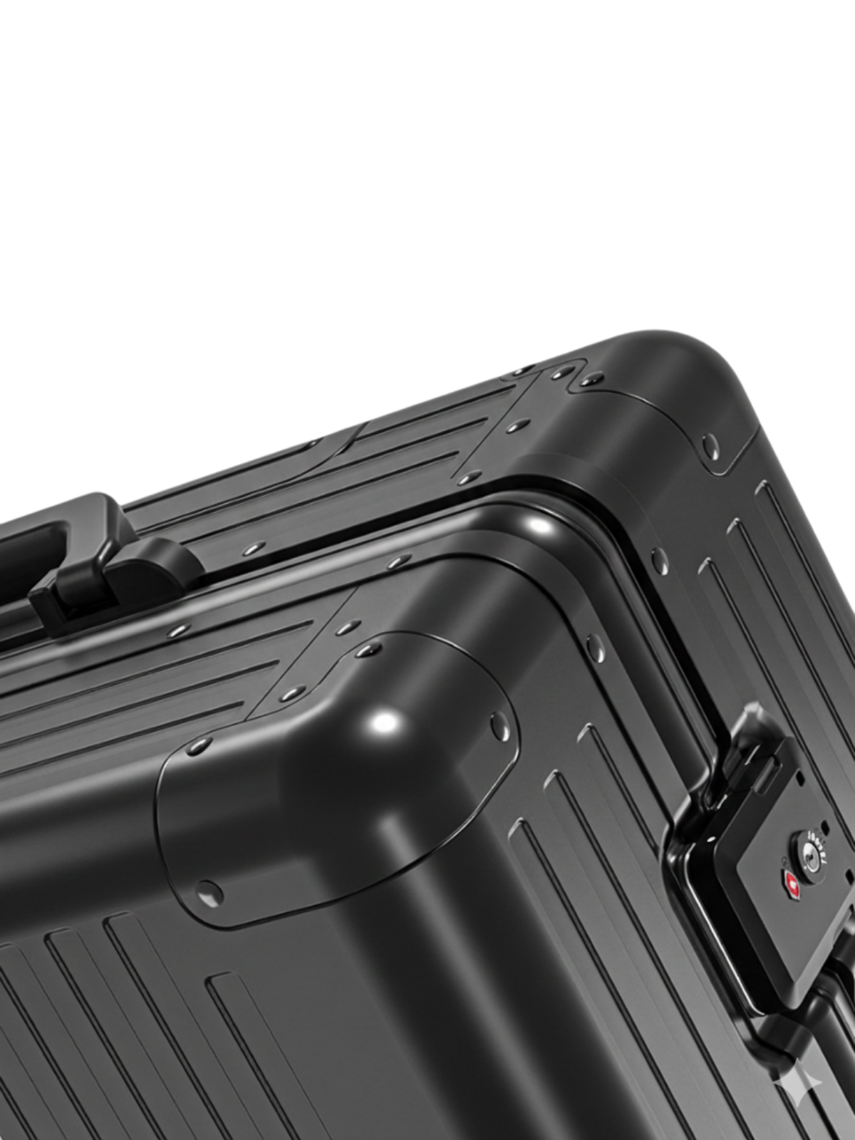 Close-up of a black suitcase with a focus on the handle and latch.