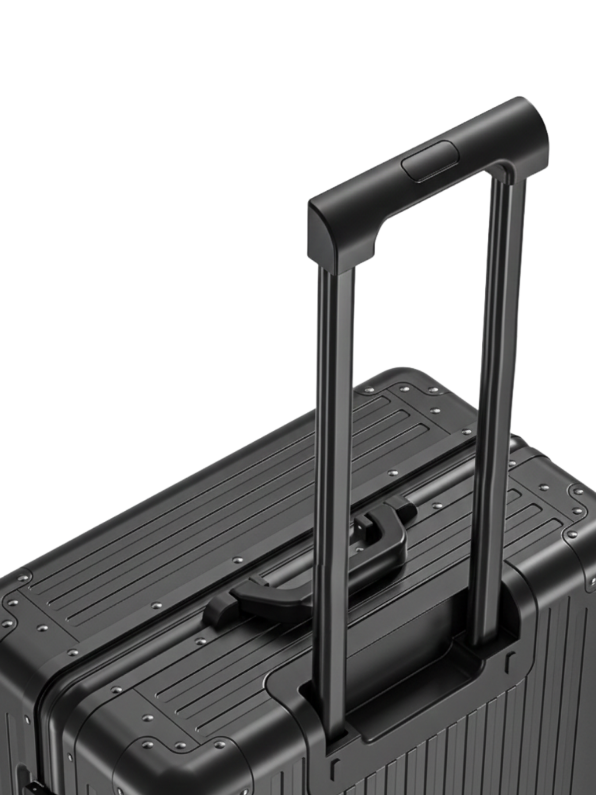 Black suitcase with handle on a white background