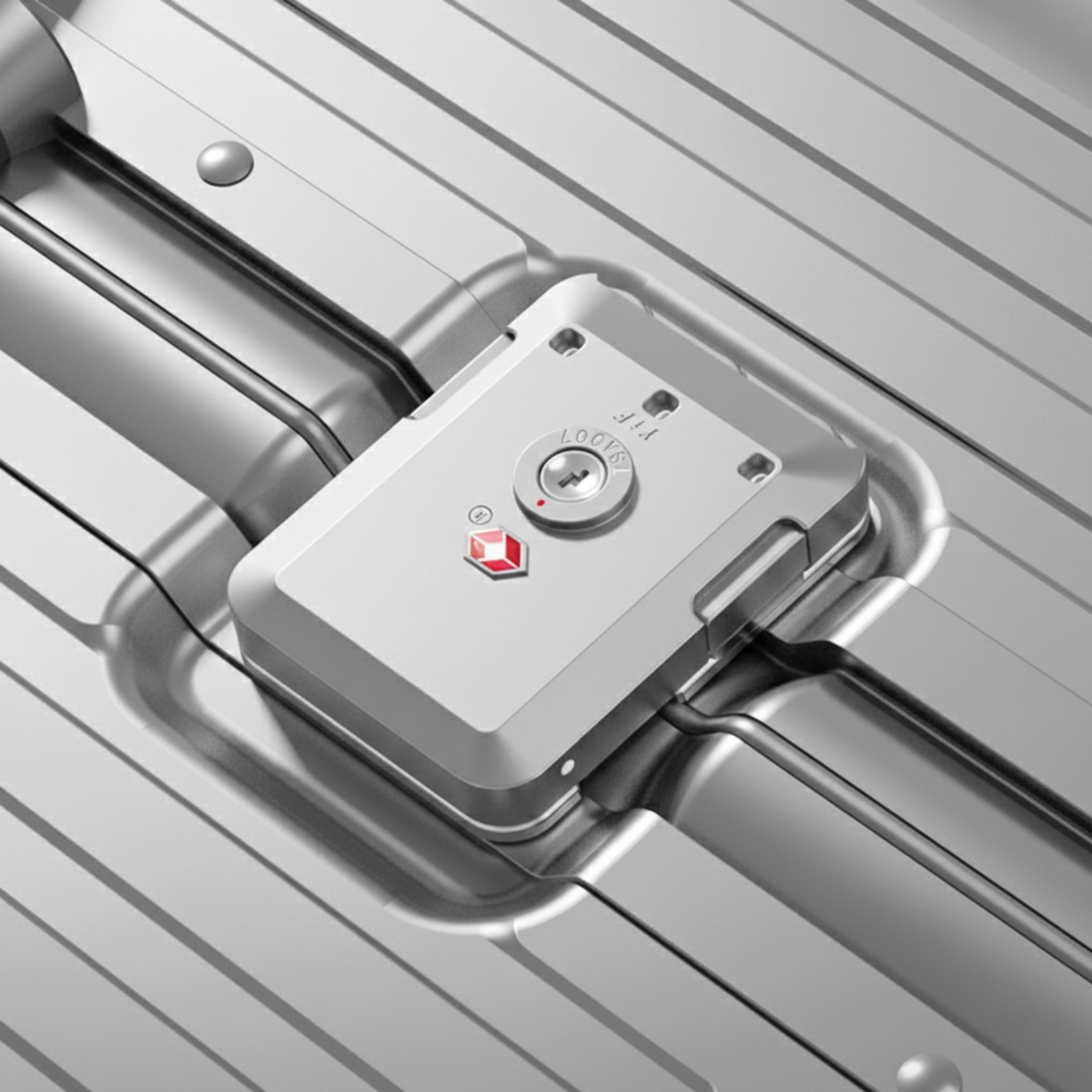 Close-up of a silver suitcase lock on a metallic surface