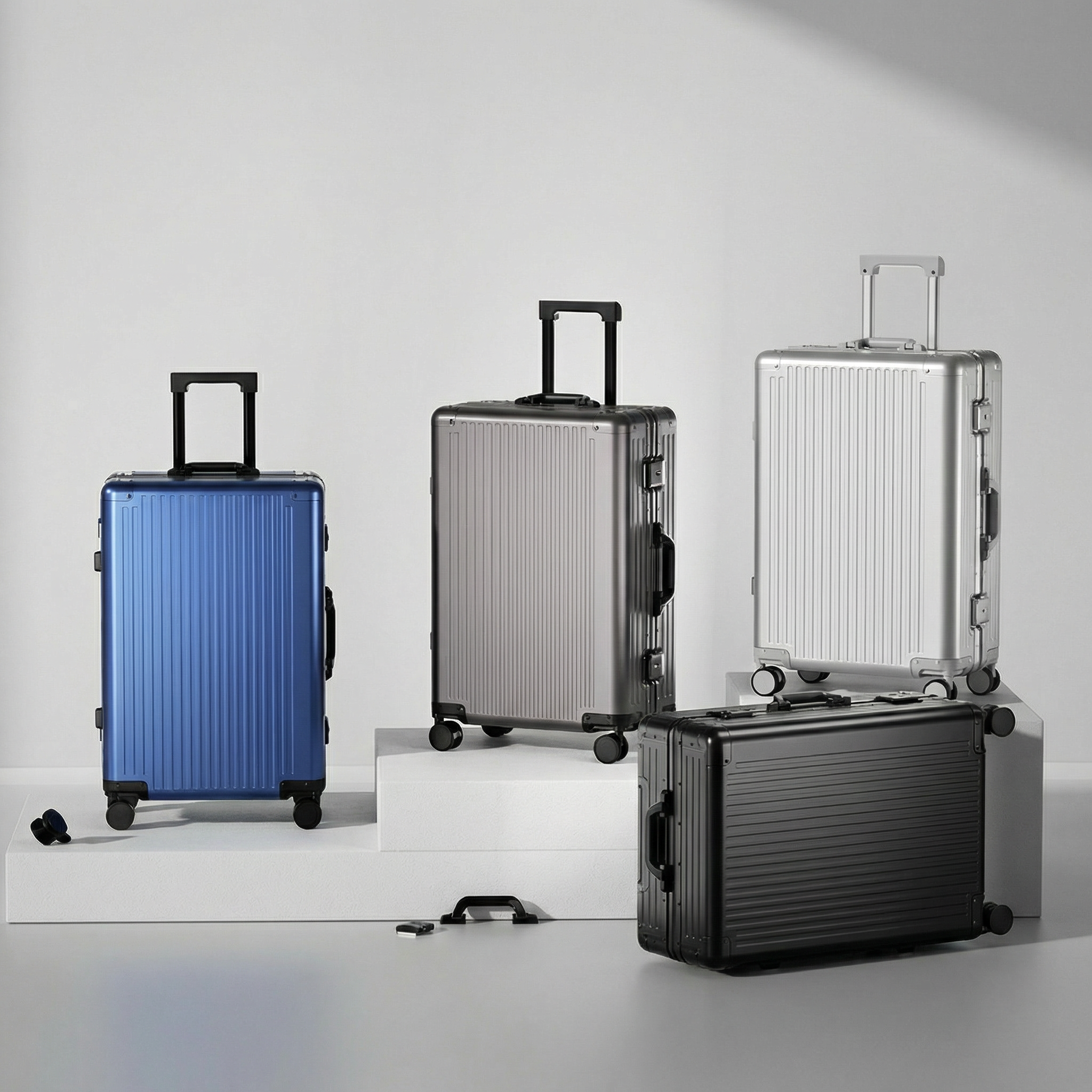 Three suitcases of different colors on a light gray background