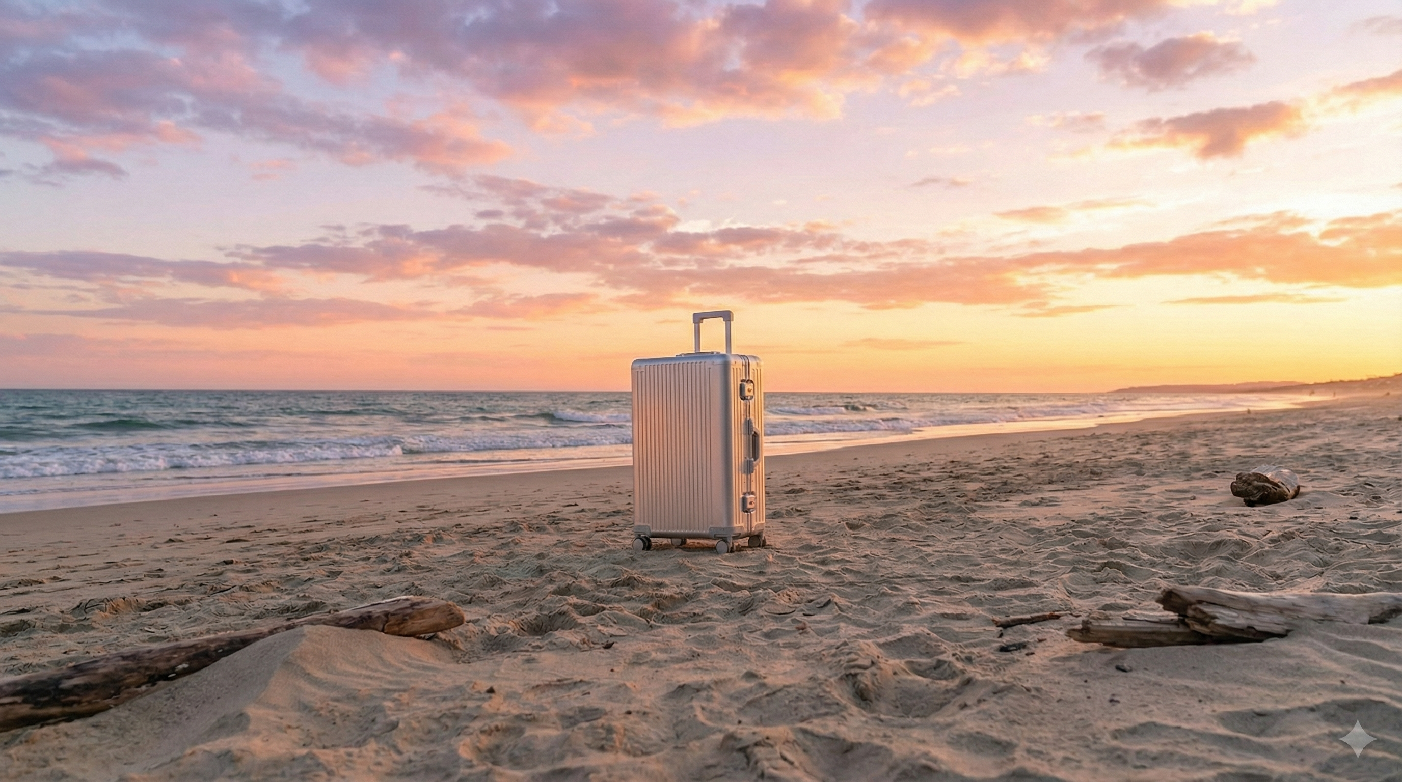 Silver suitcase on a sandy beach with a sunset sky